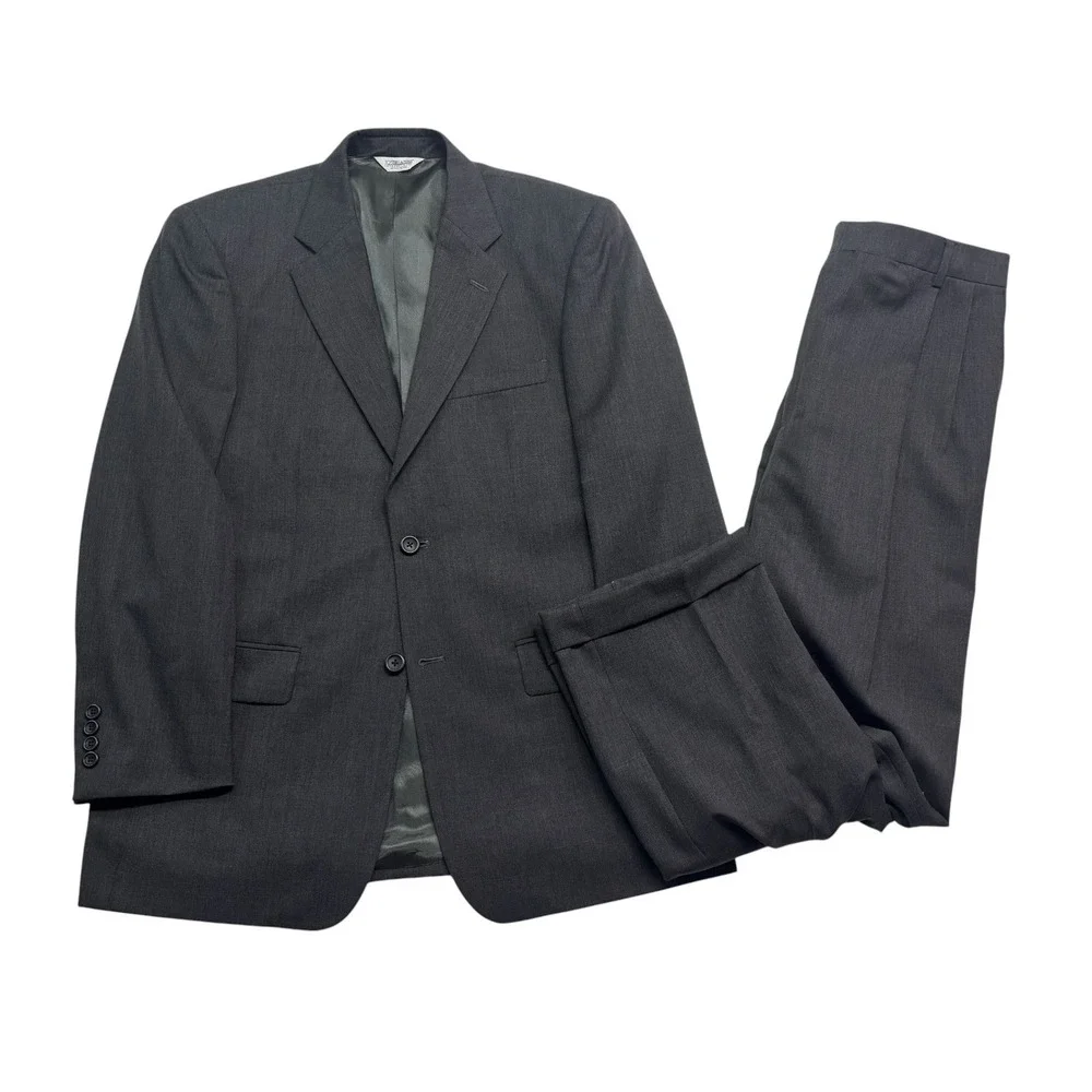 Joseph & Feiss 40R 32x29 Gray Charcoal 2pc Pant Suit 100% Wool Pleated Cuffed